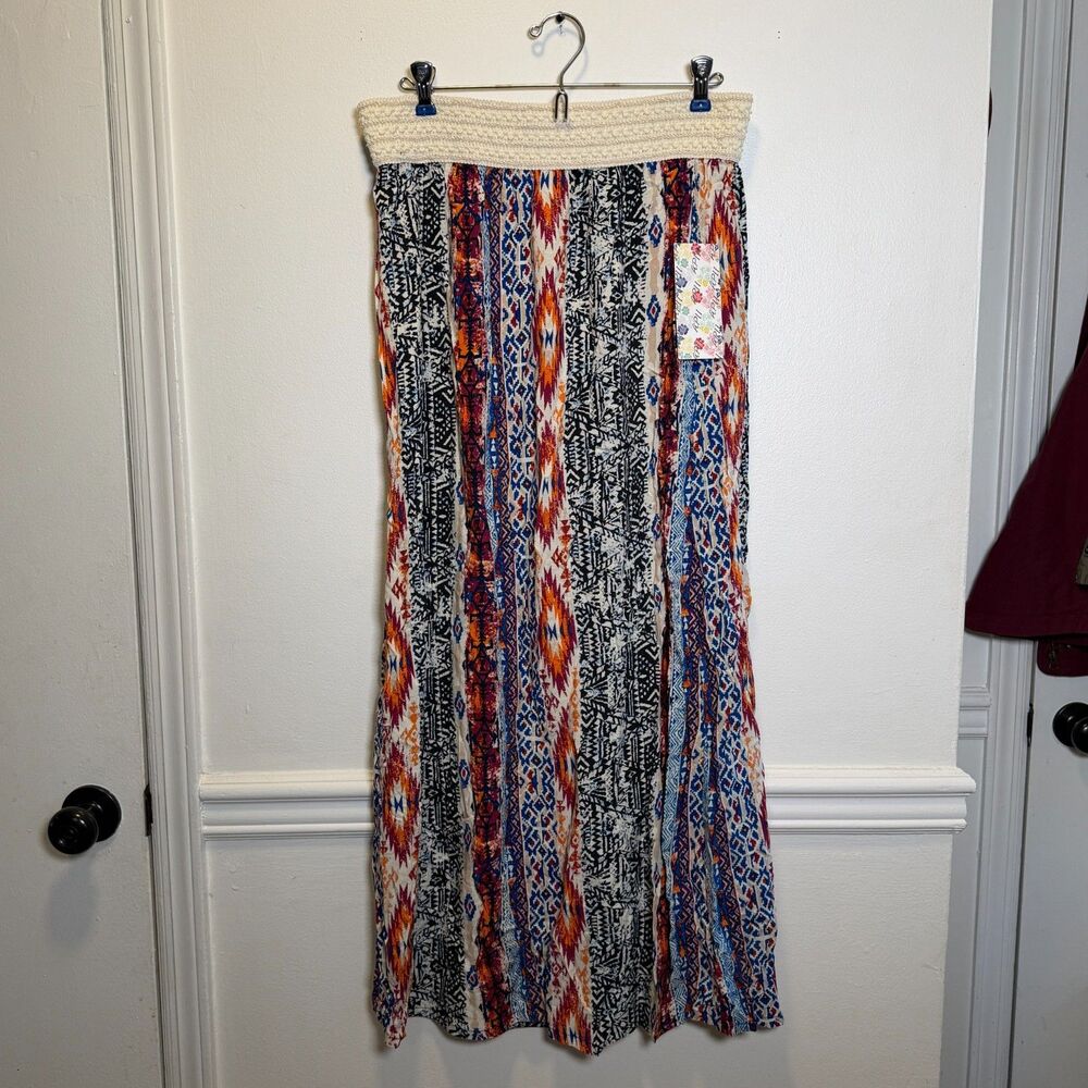 APII Boho Maxi Skirt Tribal Aztec Print Crochet Waist Rayon Festival NWT M